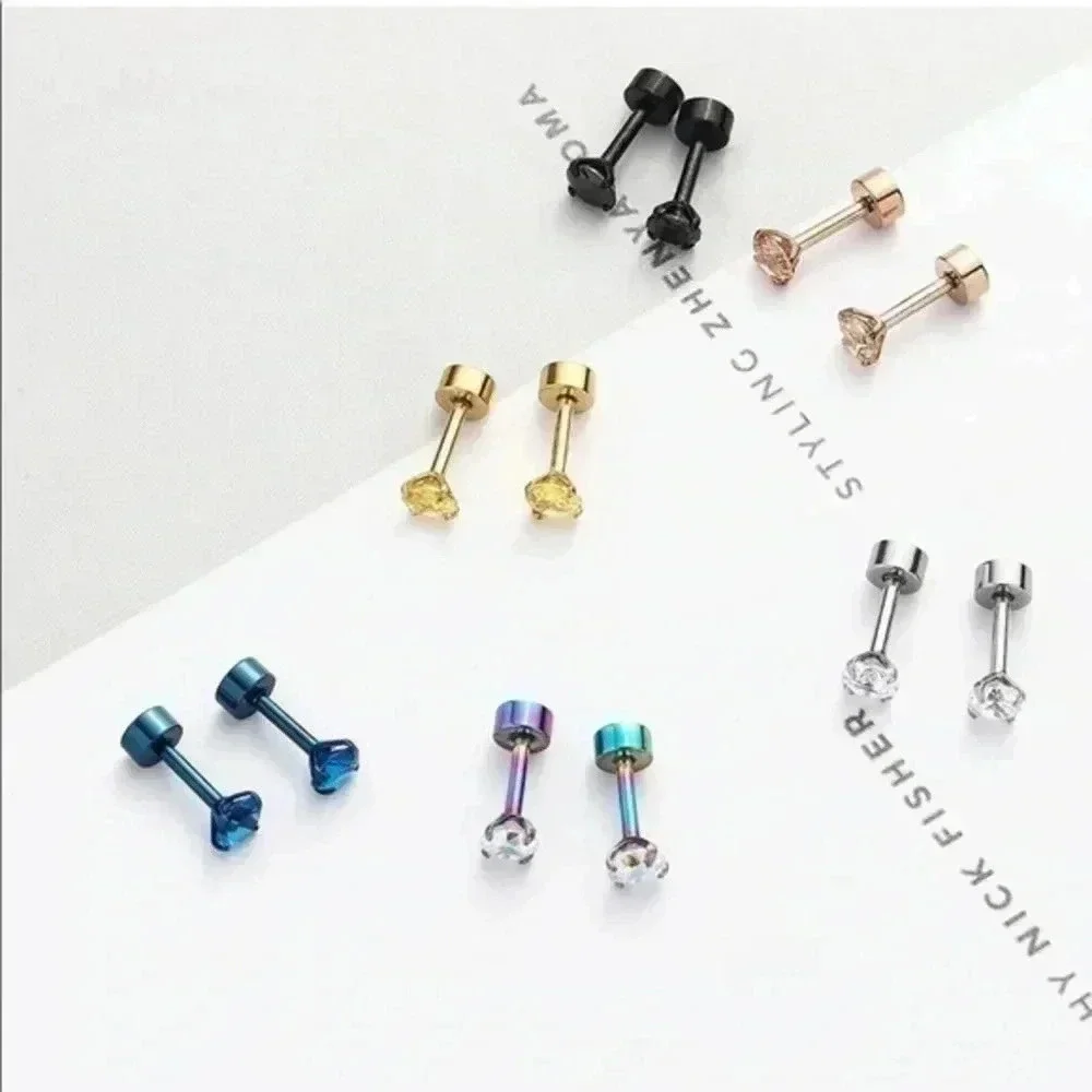 Unisex Steel Disc Back & Ball Back CZ Stud Earrings NWT